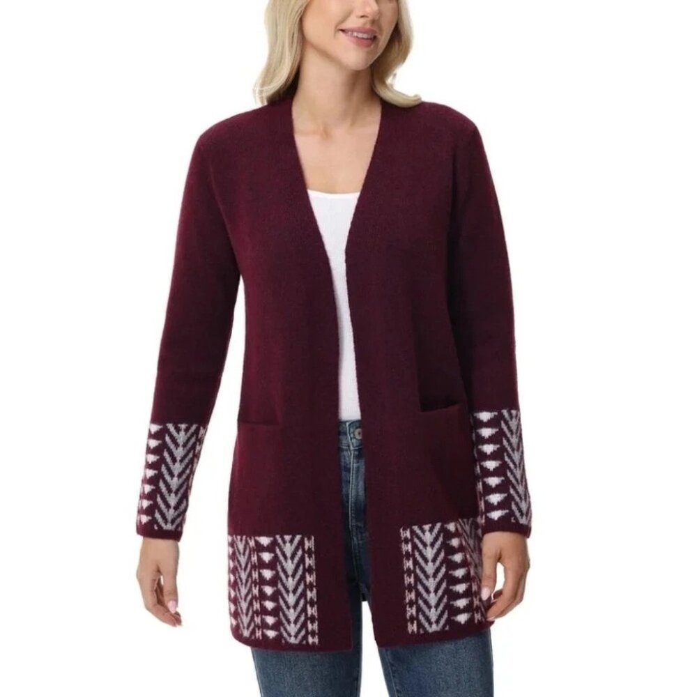 Frye Women's L Burgundy Open Front Cardigan Sweater Aztec Pattern N0531 - Picture 2 of 12